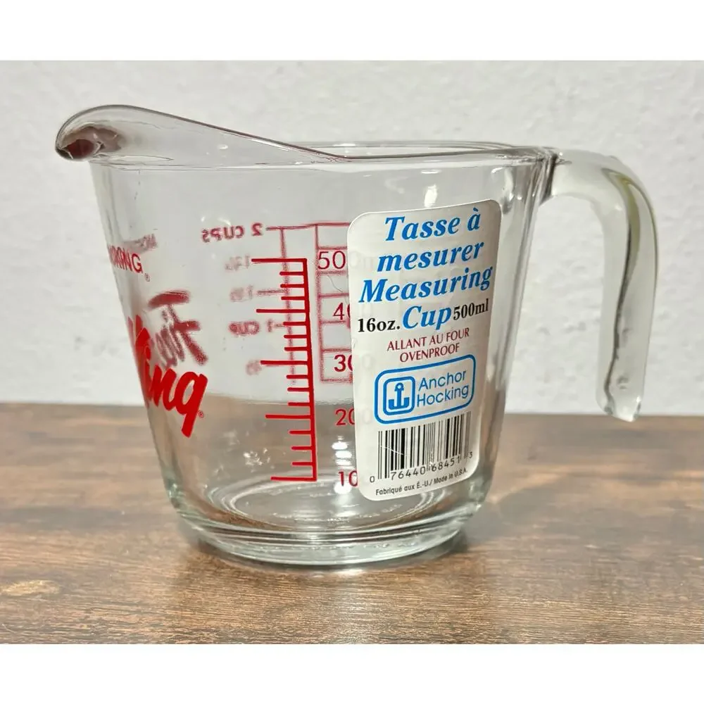 NWT Vtg Fire King 2 Cup 16oz 500ml Glass Measuring Cup Open Handle Red Letters
